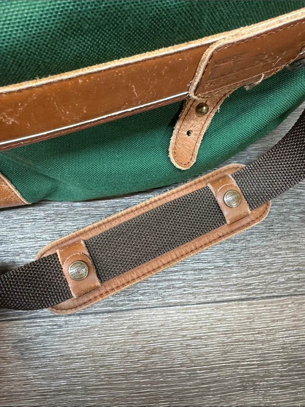 LL bean Green Canvas & Brown Leather Travel Duffel Bag